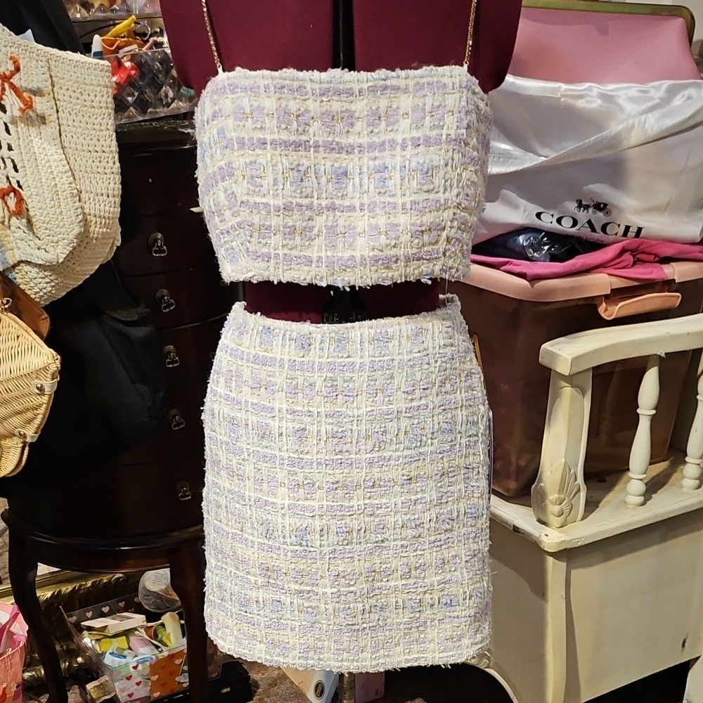 Chic Tweed Two-Piece Set in Lavender and Cream